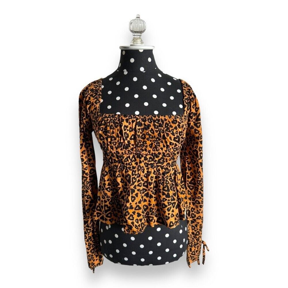 Urban Outfitters Womens Blouse Sz M Ava‎ Smocked Heart Leopard Print NEW - Picture 5 of 11